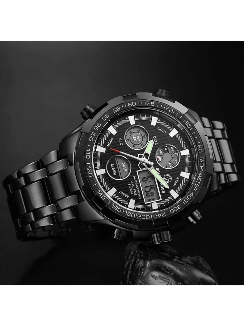 Men's Black Stainless Steel Analog Digital Outdoor Sport Waterproof Luxury Watch